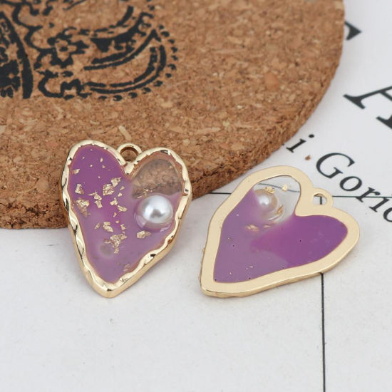 Imagen de Zamak Colgantes Charms Corazón Chapado en Oro Multicolor Esmalte 26mm x 20mm, 5 Unidades