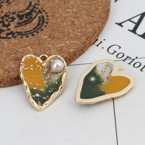 Imagen de Zamak Colgantes Charms Corazón Chapado en Oro Multicolor Esmalte 26mm x 20mm, 5 Unidades
