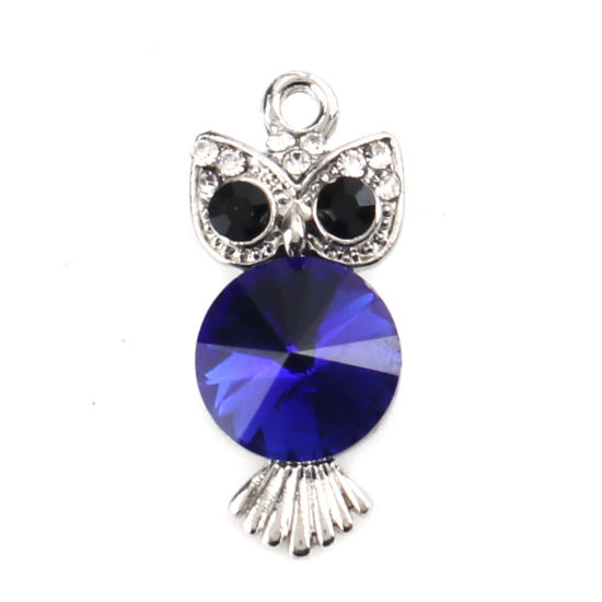 Picture of Zinc Based Alloy & Glass Charms Owl Animal Silver Tone Royal Blue Round Faceted Black Rhinestone 26mm x 12mm, 5 PCs