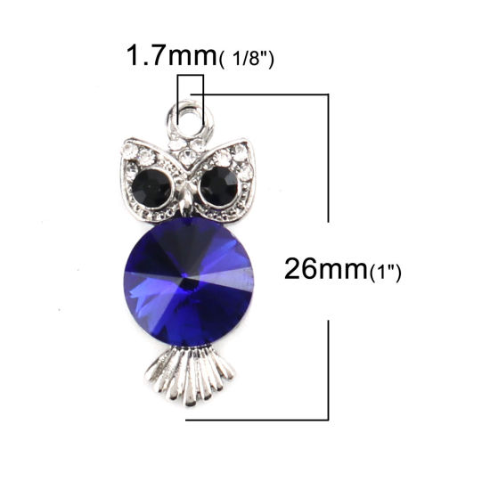 Picture of Zinc Based Alloy & Glass Charms Owl Animal Silver Tone Royal Blue Round Faceted Black Rhinestone 26mm x 12mm, 5 PCs