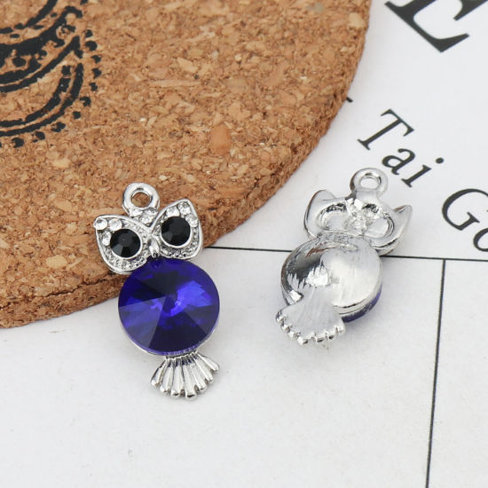 Picture of Zinc Based Alloy & Glass Charms Owl Animal Silver Tone Royal Blue Round Faceted Black Rhinestone 26mm x 12mm, 5 PCs