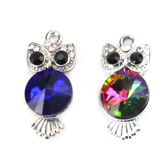 Picture of Zinc Based Alloy & Glass Charms Owl Animal Silver Tone Royal Blue Round Faceted Black Rhinestone 26mm x 12mm, 5 PCs