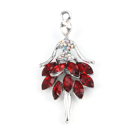 Image de Breloques en Alliage de zinc+Verre Danseuse Argent Mat Rouge à Strass Couleur AB 44mm x 22mm, 5 Pcs