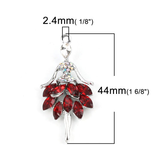 Image de Breloques en Alliage de zinc+Verre Danseuse Argent Mat Rouge à Strass Couleur AB 44mm x 22mm, 5 Pcs