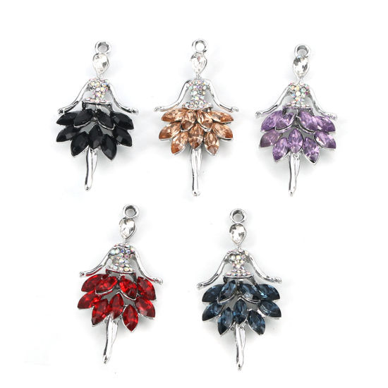 Image de Breloques en Alliage de zinc+Verre Danseuse Argent Mat Rouge à Strass Couleur AB 44mm x 22mm, 5 Pcs