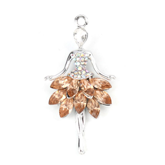 Image de Breloques en Alliage de zinc+Verre Danseuse Argent Mat Champagne à Strass Couleur AB 44mm x 22mm, 5 Pcs