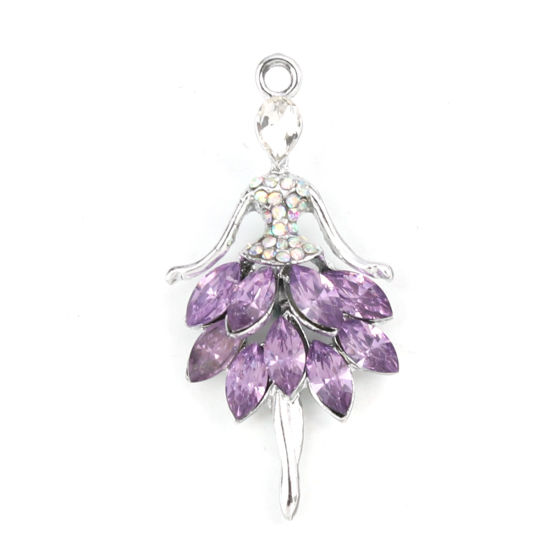Image de Breloques en Alliage de zinc+Verre Danseuse Argent Mat Violet à Strass Couleur AB 44mm x 22mm, 5 Pcs