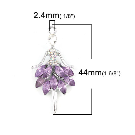 Image de Breloques en Alliage de zinc+Verre Danseuse Argent Mat Violet à Strass Couleur AB 44mm x 22mm, 5 Pcs