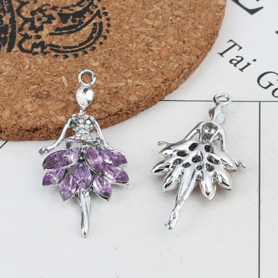 Image de Breloques en Alliage de zinc+Verre Danseuse Argent Mat Violet à Strass Couleur AB 44mm x 22mm, 5 Pcs