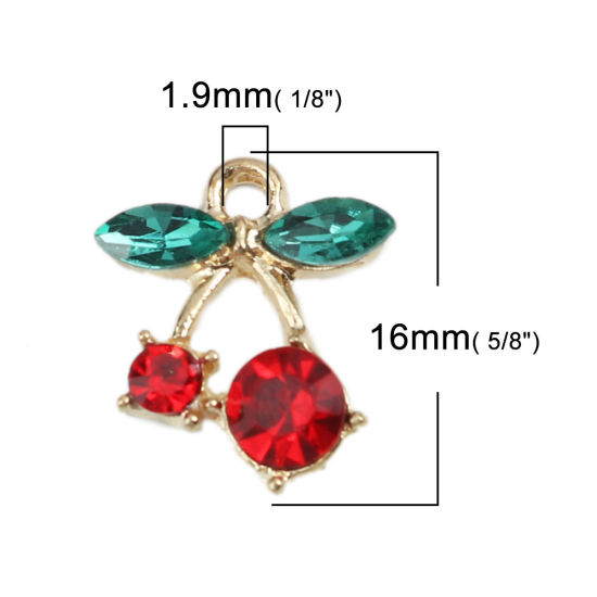 Immagine di Lega di Zinco Charms Ciliegia Oro Placcato Rosso & Verde 16mm x 13mm , 10 Pz