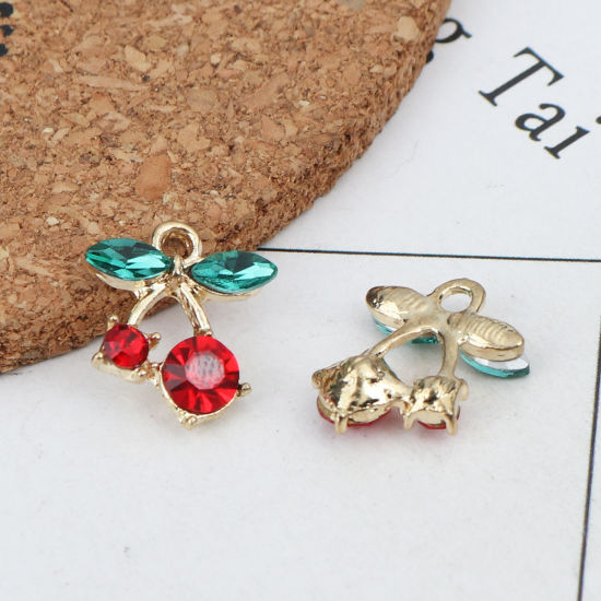 Immagine di Lega di Zinco Charms Ciliegia Oro Placcato Rosso & Verde 16mm x 13mm , 10 Pz