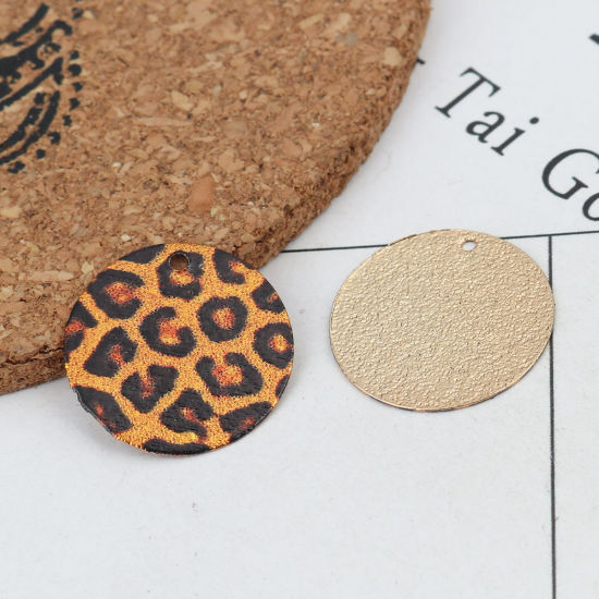 Bild von Eisenlegierung Emailmalerei Charms Rund Vergoldet Bunt Leopard Sternenstaub 20mm D., 5 Stück