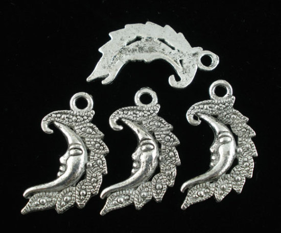 Picture of Zinc Based Alloy Charms Half Moon Antique Silver Color Face Carved 27mm(1 1/8") x 15mm( 5/8"), 20 PCs
