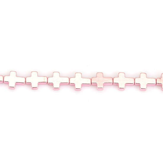 Picture of (Grade B) Hematite ( Natural ) Beads Cross Pink About 10mm x 8mm, Hole: Approx 1mm, 40cm(15 6/8") long, 1 Strand (Approx 40 PCs/Strand)