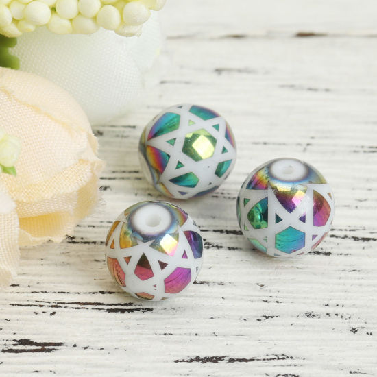 Picture of Glass Beads Round Multicolor Geometric About 10mm Dia, Hole: Approx 1.4mm, 20 PCs