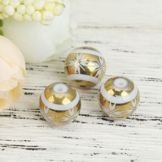 Picture of Glass Beads Round Golden Flower About 10mm Dia, Hole: Approx 1.4mm, 20 PCs