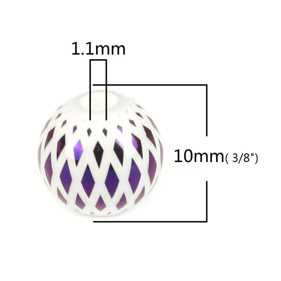 Picture of Glass Beads Round Purple Rhombus About 10mm Dia, Hole: Approx 1.1mm, 20 PCs
