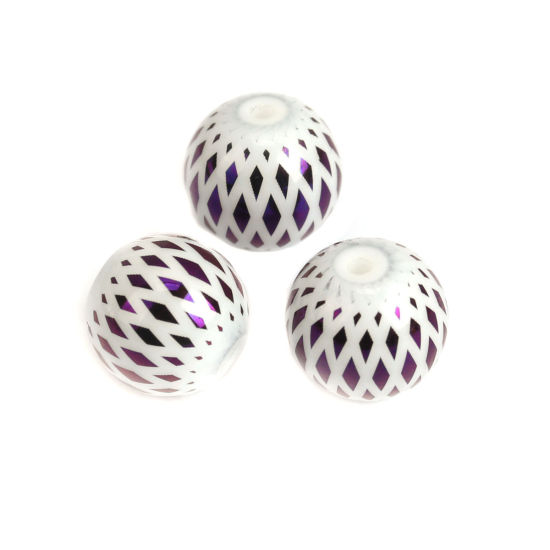 Picture of Glass Beads Round Purple Rhombus About 10mm Dia, Hole: Approx 1.1mm, 20 PCs