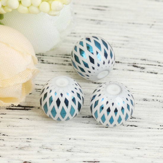 Picture of Glass Beads Round Blue Rhombus About 10mm Dia, Hole: Approx 1.4mm, 20 PCs