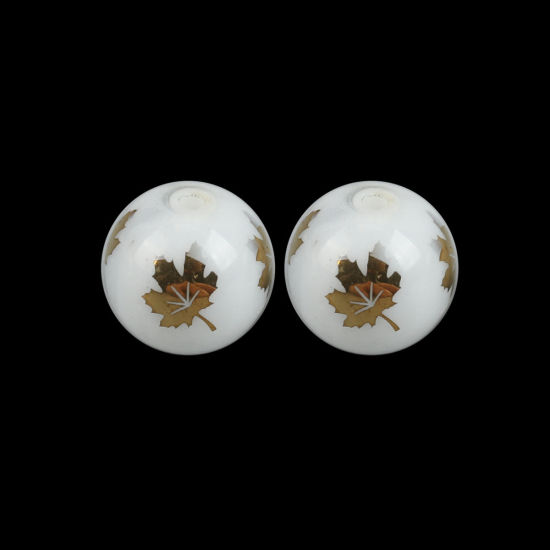 Picture of Glass Beads Round Golden Maple Leaf About 10mm Dia, Hole: Approx 1.4mm, 20 PCs