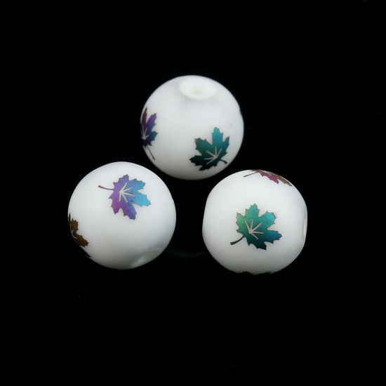 Picture of Glass Beads Round Multicolor Maple Leaf Frosted About 10mm Dia, Hole: Approx 1.4mm, 20 PCs