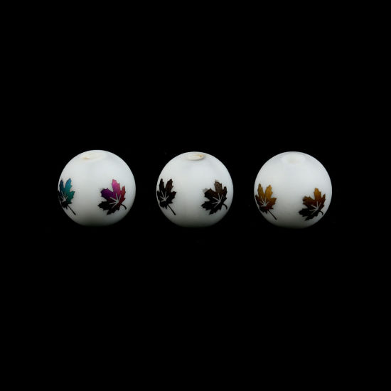 Picture of Glass Beads Round Multicolor Maple Leaf Frosted About 10mm Dia, Hole: Approx 1.4mm, 20 PCs