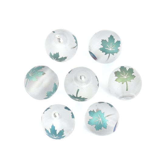 Picture of Glass Beads Round Blue & Green Maple Leaf AB Color About 10mm Dia, Hole: Approx 1.4mm, 20 PCs