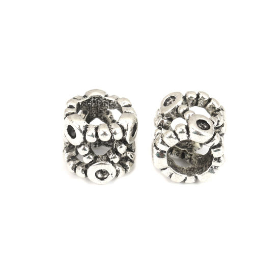 Picture of Zinc Based Alloy European Style European Style Large Hole Charm Beads Cylinder Antique Silver Color Filigree Inlaid diamonds About 10mm x 9mm, Hole: Approx 5.9mm, (Can Hold ss5 Pointed Back Rhinestone) 10 PCs