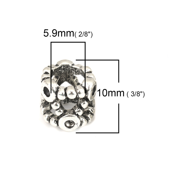Picture of Zinc Based Alloy European Style European Style Large Hole Charm Beads Cylinder Antique Silver Color Filigree Inlaid diamonds About 10mm x 9mm, Hole: Approx 5.9mm, (Can Hold ss5 Pointed Back Rhinestone) 10 PCs
