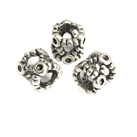 Picture of Zinc Based Alloy European Style European Style Large Hole Charm Beads Cylinder Antique Silver Color Filigree Inlaid diamonds About 10mm x 9mm, Hole: Approx 5.9mm, (Can Hold ss5 Pointed Back Rhinestone) 10 PCs