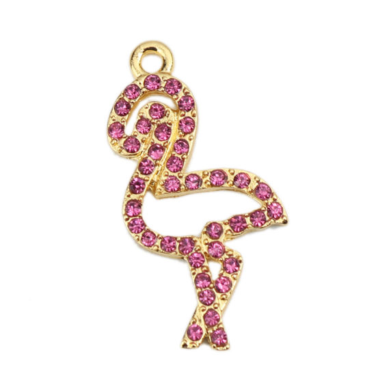 Bild von Zinklegierung Charms Flamingo Vergoldet Fuchsie Strass 29mm x 14mm, 2 Stück