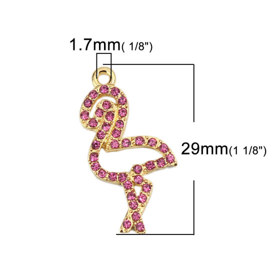 Bild von Zinklegierung Charms Flamingo Vergoldet Fuchsie Strass 29mm x 14mm, 2 Stück