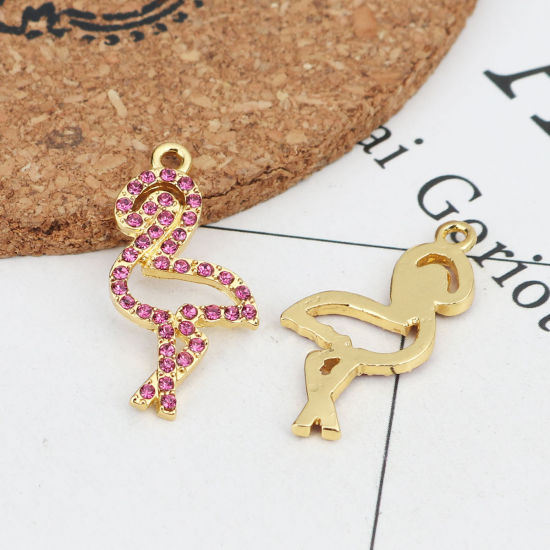 Bild von Zinklegierung Charms Flamingo Vergoldet Fuchsie Strass 29mm x 14mm, 2 Stück