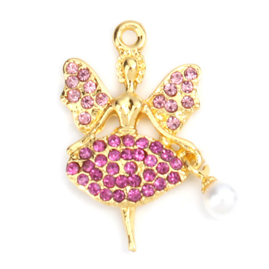 Picture of Zinc Based Alloy Charms Fairy Gold Plated White Acrylic Imitation Pearl Pink & Fuchsia Rhinestone 29mm x 18mm, 2 PCs