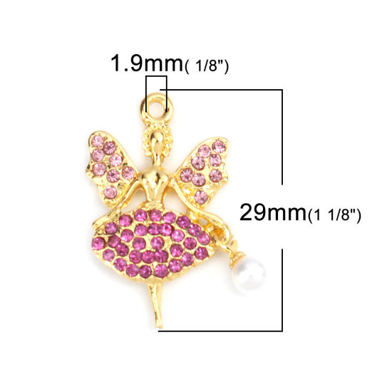 Picture of Zinc Based Alloy Charms Fairy Gold Plated White Acrylic Imitation Pearl Pink & Fuchsia Rhinestone 29mm x 18mm, 2 PCs