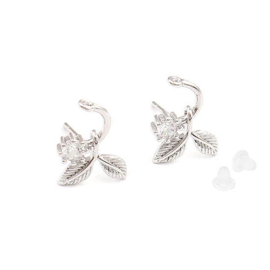 Picture of Brass Ear Post Stud Earrings Real Platinum Plated Branch Clear Rhinestone 15mm x 8mm, Post/ Wire Size: (21 gauge), 2 PCs                                                                                                                                      