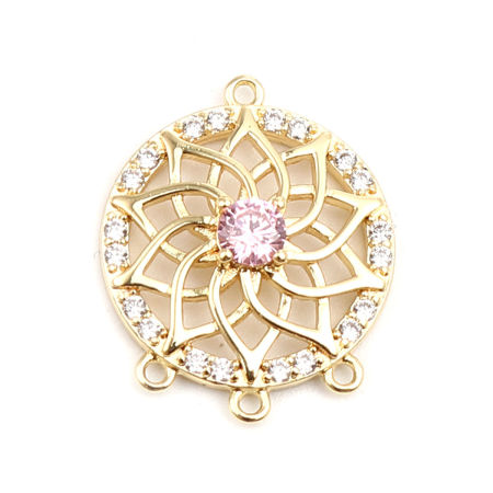 Picture of Brass Connectors Round 18K Real Gold Plated Flower Pink Rhinestone 18mm x 15mm, 2 PCs