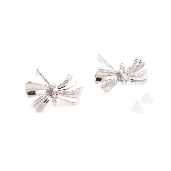 Picture of Brass Ear Post Stud Earrings Real Platinum Plated Bowknot Clear Rhinestone 13mm x 8mm, Post/ Wire Size: (21 gauge), 2 PCs                                                                                                                                     