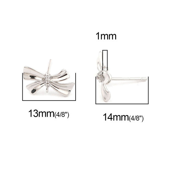Picture of Brass Ear Post Stud Earrings Real Platinum Plated Bowknot Clear Rhinestone 13mm x 8mm, Post/ Wire Size: (21 gauge), 2 PCs                                                                                                                                     