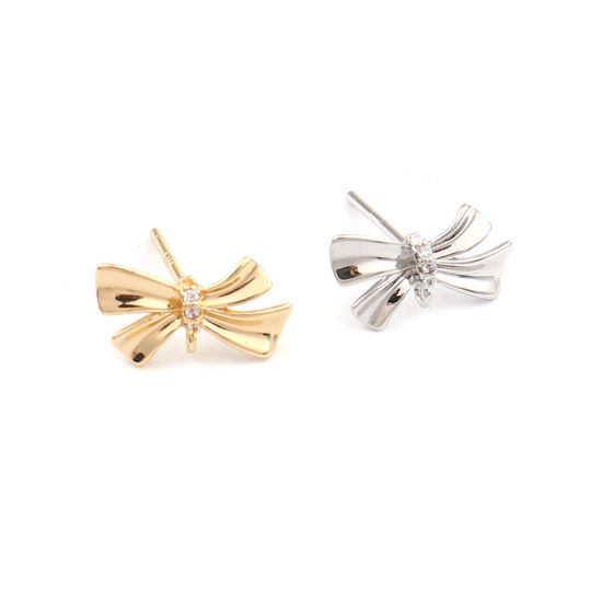Picture of Brass Ear Post Stud Earrings 18K Real Gold Plated Bowknot Clear Rhinestone 13mm x 8mm, Post/ Wire Size: (21 gauge), 2 PCs                                                                                                                                     