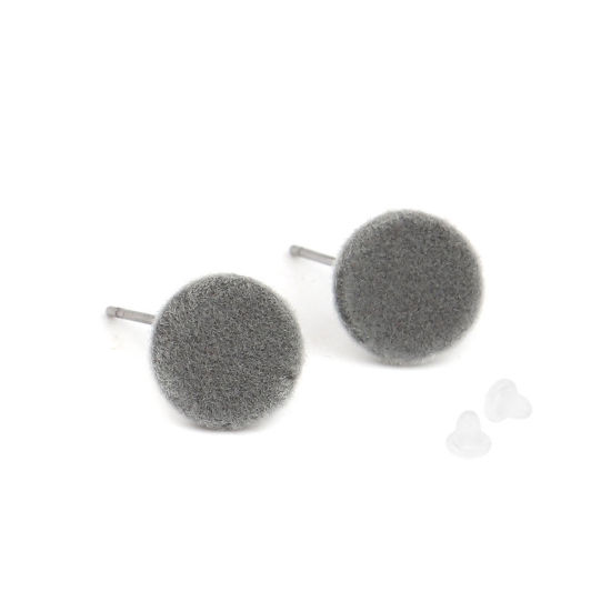 Picture of Velvet Ear Post Stud Earrings Findings Round Gray W/ Loop 10mm Dia., Post/ Wire Size: (21 gauge), 4 PCs