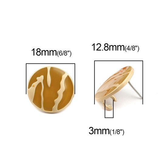 亜鉛合金 エナメル イヤリング イヤリングパーツ 円形 マットゴールド 黄色 縞模様柄 ループ付き 18mm 直径、 ワイヤーサイズ: （21号）、 4 個 の画像