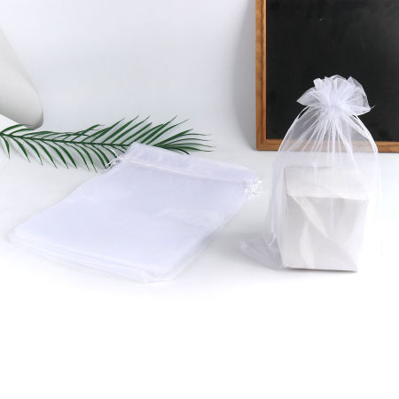 Image de Cadeau de Mariage Sachet avec Cordon de Serrage en Organza Rectangle Blanc (Espace Utilisable: 26x20cm) 30cm x 20cm, 10 Pcs