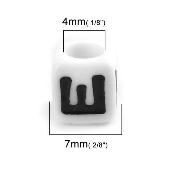 Picture of Acrylic Beads Cube Black & White Initial Alphabet/ Capital Letter Pattern Message " E " About 7mm x 7mm, Hole: Approx 4mm, 200 PCs