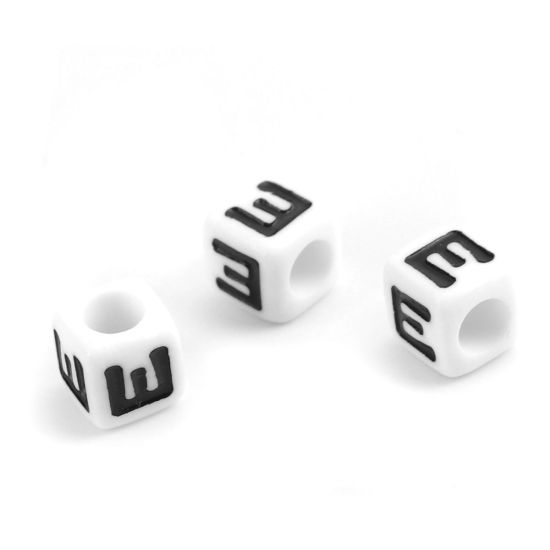 Picture of Acrylic Beads Cube Black & White Initial Alphabet/ Capital Letter Pattern Message " E " About 7mm x 7mm, Hole: Approx 4mm, 200 PCs