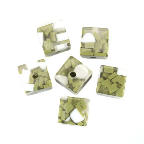 Picture of Resin Spacer Beads Square White & Green About 17mm x 17mm, Hole: Approx 3.3mm, 10 PCs