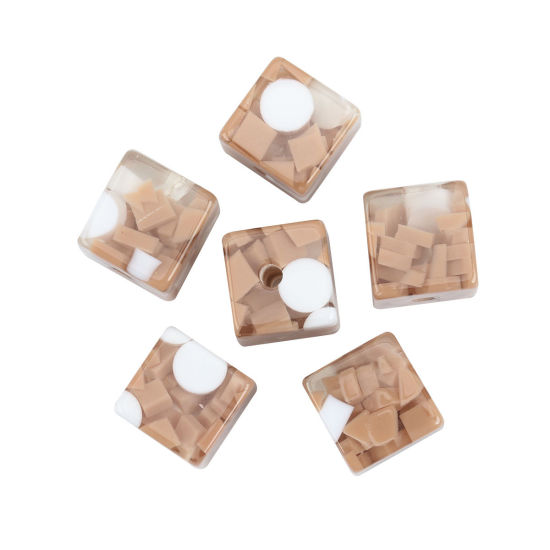 樹脂 ビーズ 正方形 白+コーヒー色 約 17mm x 17mm、 穴：約 3.3mm、 10 個 の画像