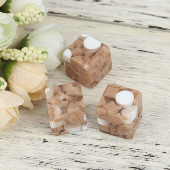 Picture of Resin Spacer Beads Square White & Coffee About 17mm x 17mm, Hole: Approx 3.3mm, 10 PCs