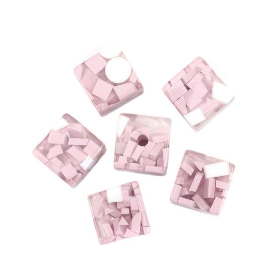 樹脂 ビーズ 正方形 白+薄ピンク 約 17mm x 17mm、 穴：約 3.3mm、 10 個 の画像