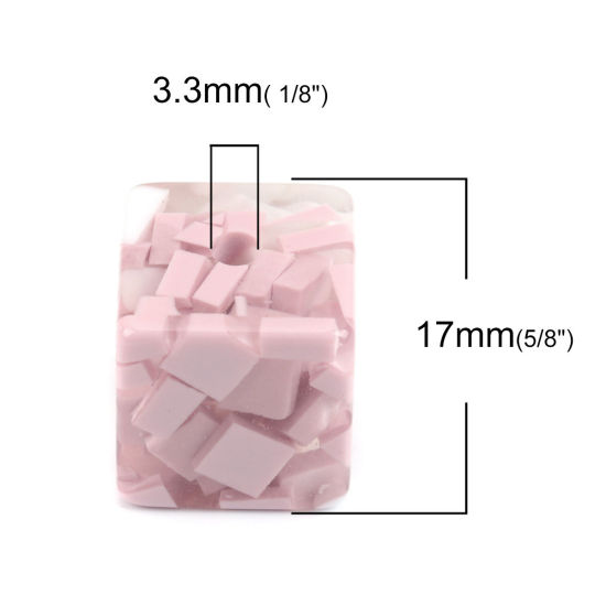 樹脂 ビーズ 正方形 白+薄ピンク 約 17mm x 17mm、 穴：約 3.3mm、 10 個 の画像